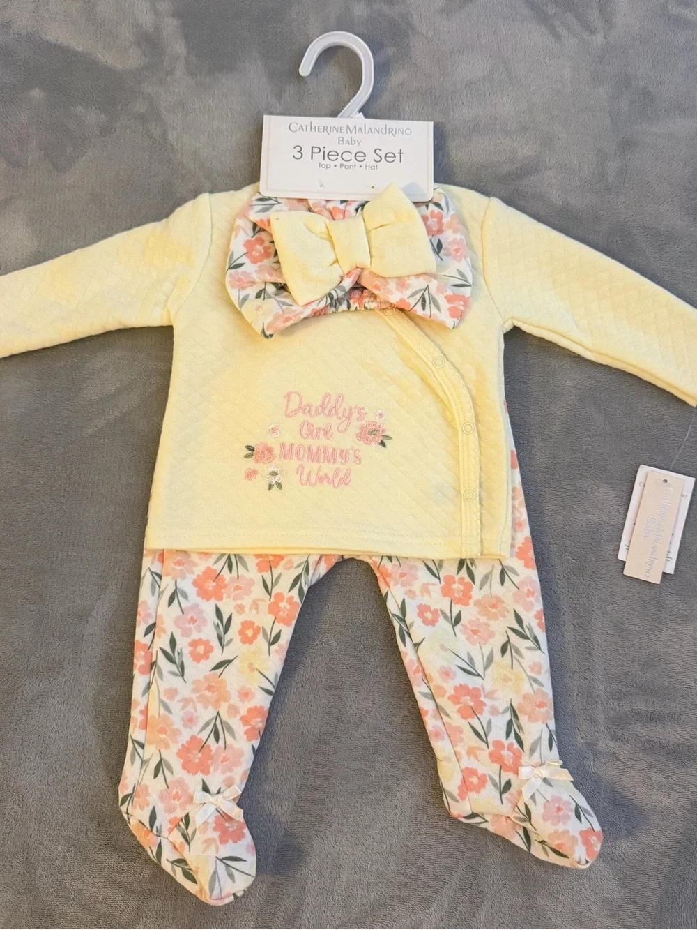 Catherine Malandrino Yellow Quilted Top with Floral Footed Pants & Hat